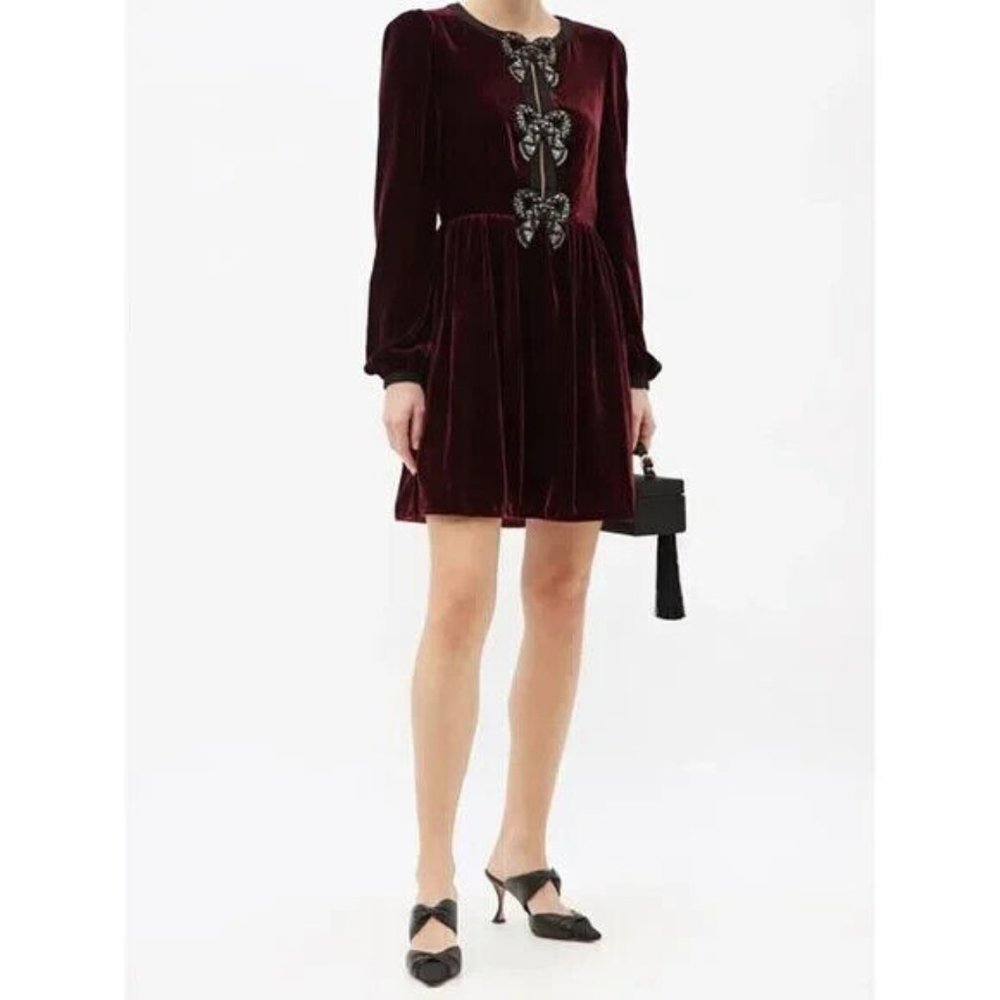 Saloni Camille Crystal Bow Liquid Velvet Mini Dress Burgundy Red Black US 2
